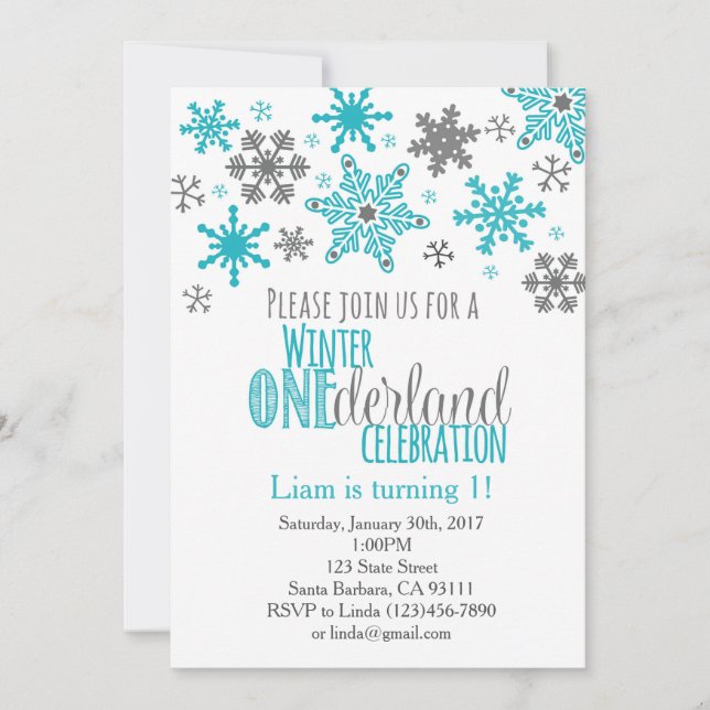 Convites Snowflakes ONEderland Birthday Invitation-Aqua (Frente)