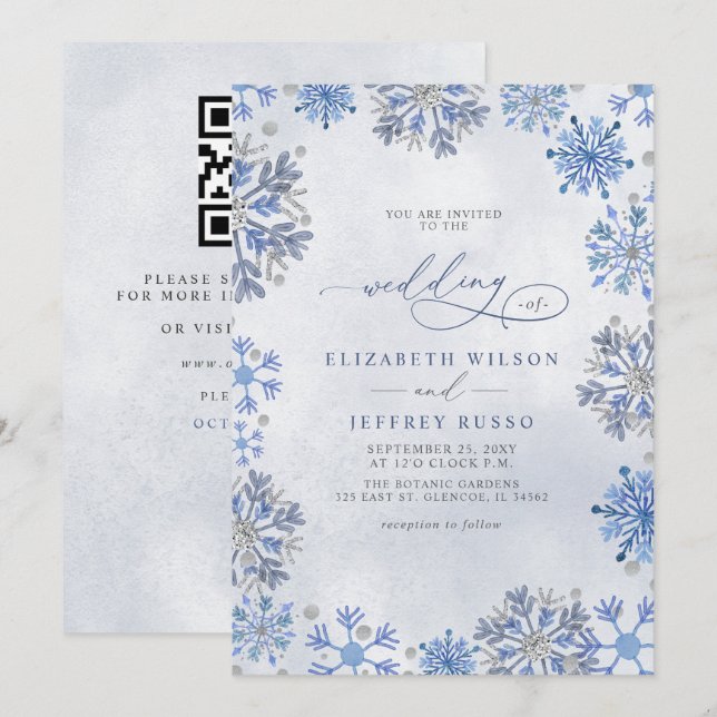 Convites Snowflakes Silver Blue Winter QR Code Wedding (Frente/Verso)