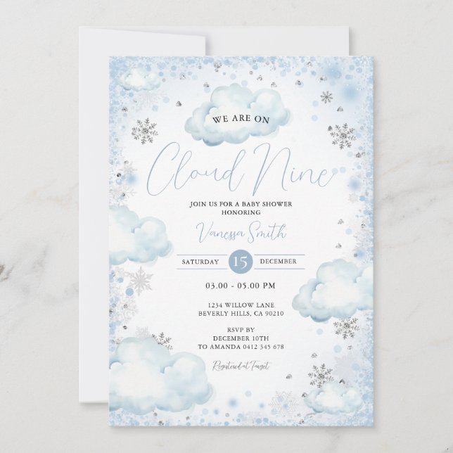Convites Snowflakes Winter We Are On Cloud Nine Baby Shower (Frente)