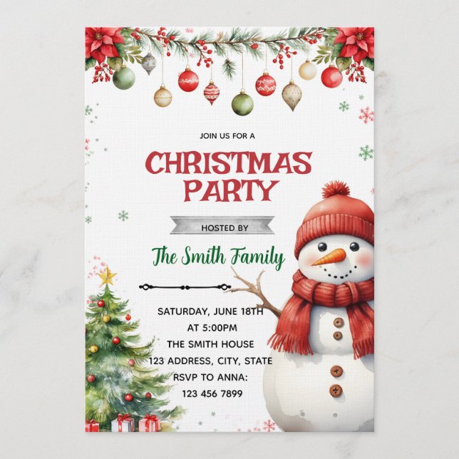 Convites  Snowman Christmas Party Invitation (Frente)