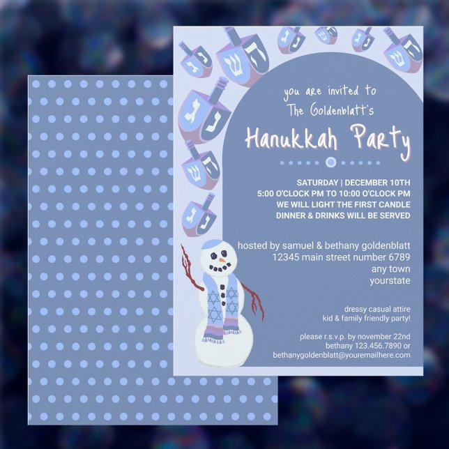 Convites Snowman Dreidels Festa Feriada Cute Hanukkah (These cute Hanukkah party invitations are adorable for kids parties and fun for adult gatherings too)