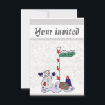 Convites Snowman e Polo Norte -<br><div class="desc">O boneco de neve está vestido com luvas e botões azuis. O boneco de neve está ao lado de um polo branco e vermelho com uma placa verde que diz "Polo Norte". Os presentes estão ao lado do polo. A neve branca está deitada no chão. Estes convites são uma forma...</div>