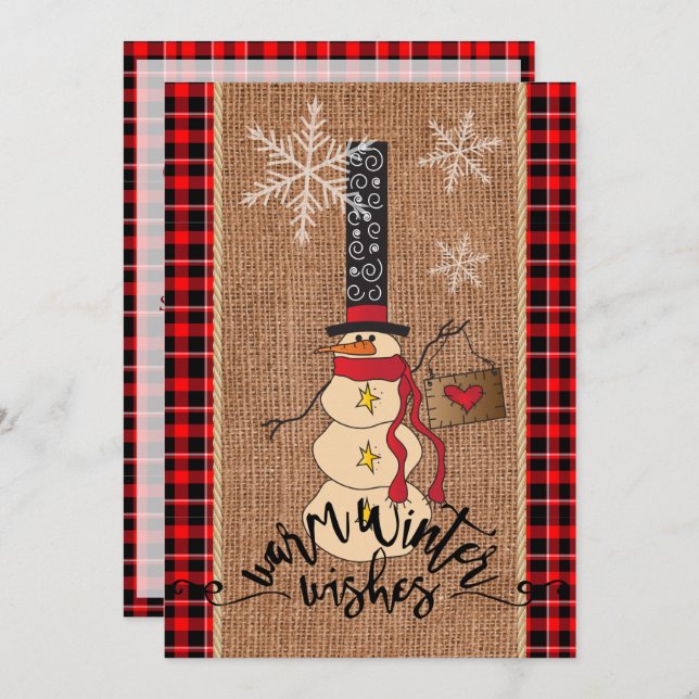 Convites Snowman Feliz Natal com Xadrez e Burlap (Frente/Verso)