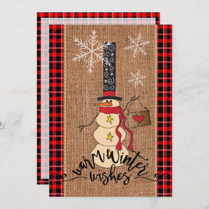Convites Snowman Feliz Natal com Xadrez e Burlap
