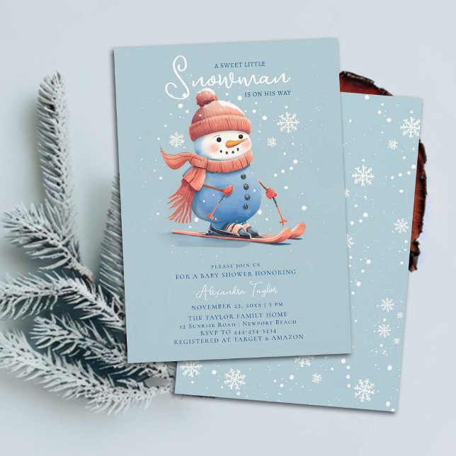 Convites Snowman no Skis Winter Sports Blue Boy Chá de fral (sweet little snowman winter baby boy shower invitation sports skiing snow snowflakes watercolor cute)