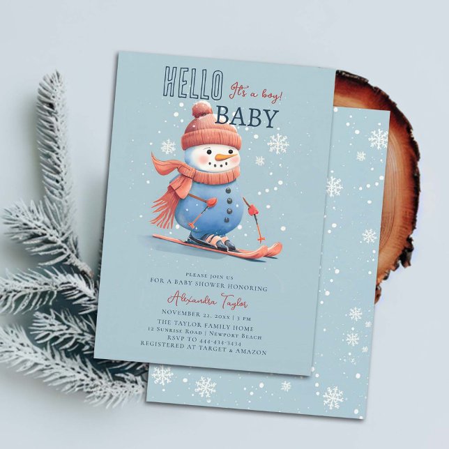 Convites Snowman Skiing Winter Sports Blue Boy Chá de frald (winter baby boy shower invitation sports ski snowman snowflakes snow watercolor cute sweet elegant)