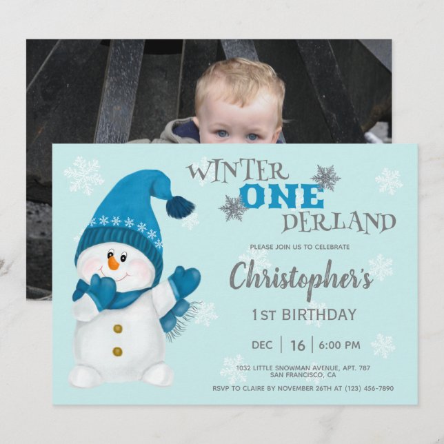Convites Snowman Winter Onederland Primeiro Aniversário Fot (Frente/Verso)