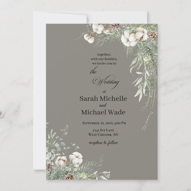 Convites Snowy Greenery Wedding Invitation (Frente)