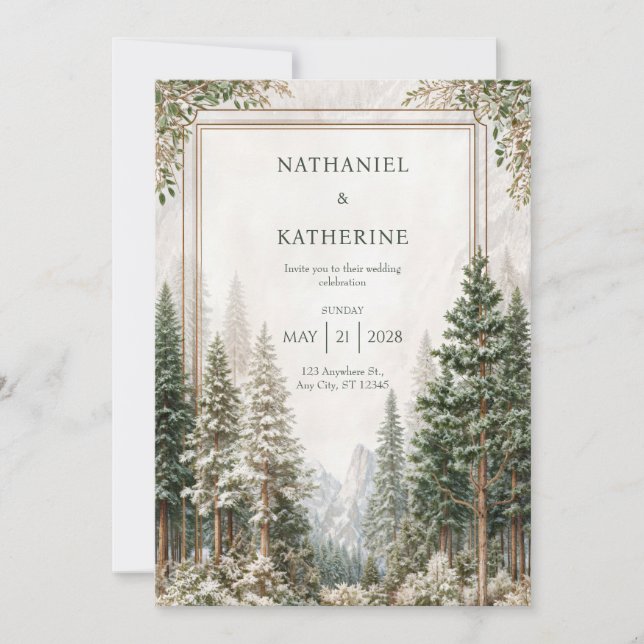 Convites Snowy Mountain Pine Forest Wedding (Frente)