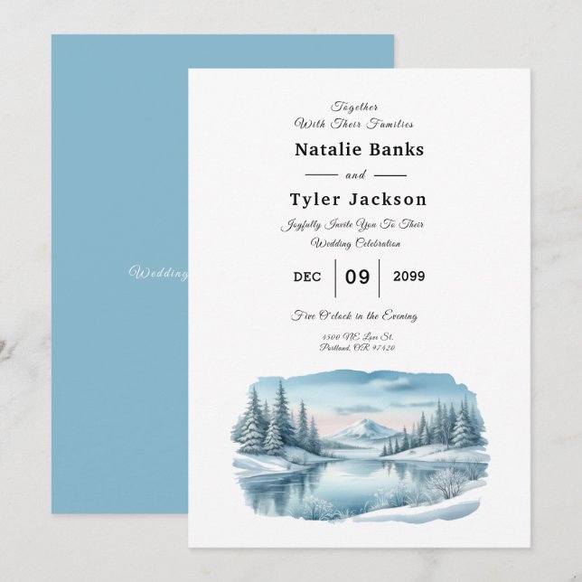 Convites Snowy Mountain Winter Lake Wedding (Frente/Verso)