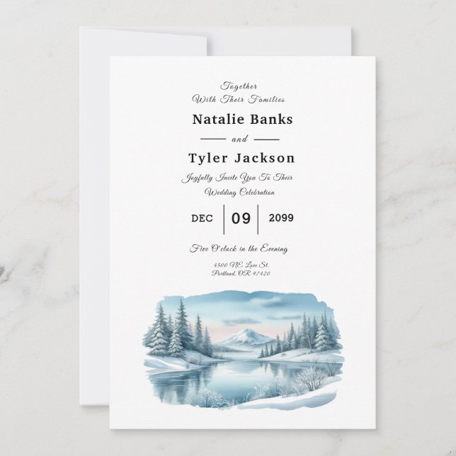 Convites Snowy Mountain Winter Lake Wedding (Frente)