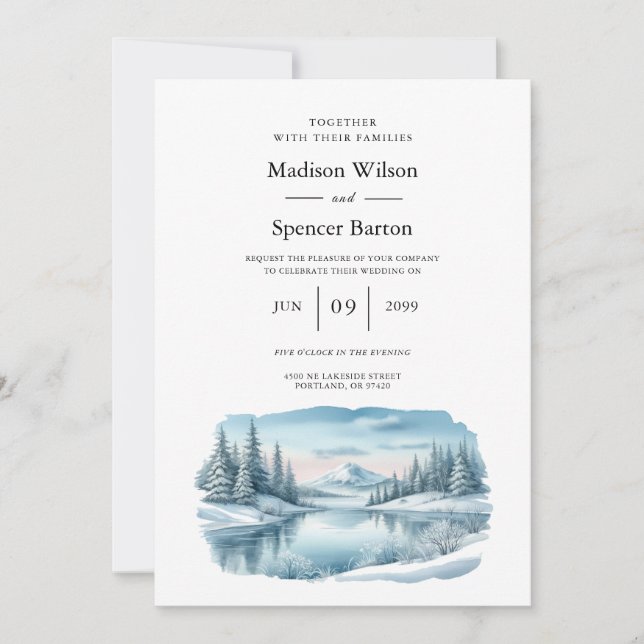 Convites Snowy Mountain Winter Lake Wedding (Frente)
