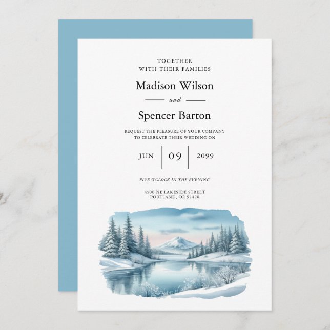 Convites Snowy Mountain Winter Lake Wedding (Frente/Verso)