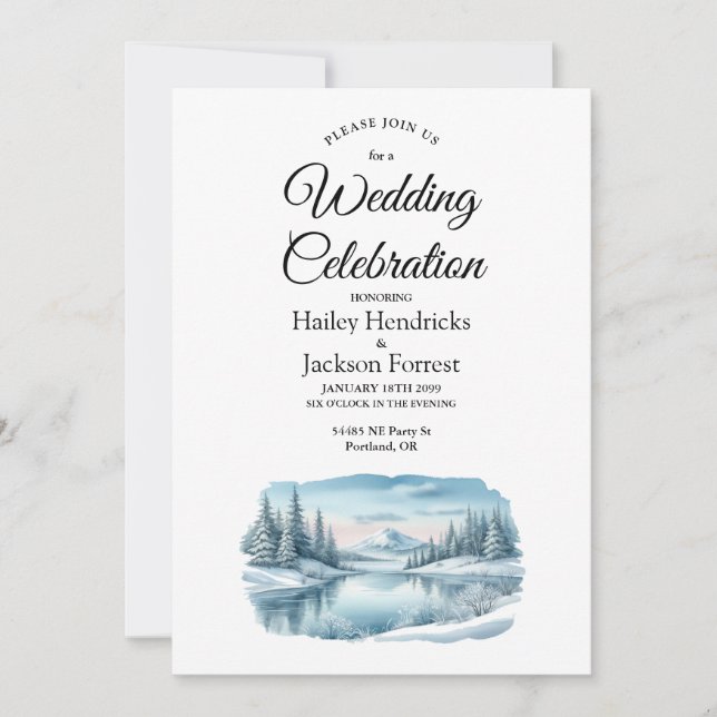 Convites Snowy Mountain Winter Lake Wedding (Frente)