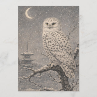 Convites Snowy Owl Postcard, Japanese Pagoda Moon Scene