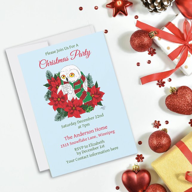 Convites Snowy Owl Red Poinsettias Natal (Criador carregado)
