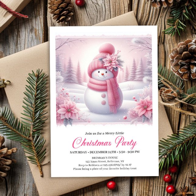 Convites Snowy Pink Coquette Snowman Editable Kids Christma (Snowy Pink Coquette Snowman Editable Kids Christmas Invite)