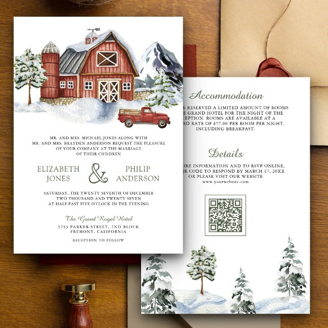 Convites Snowy Red Barn Winter Christmas Código QR Casament (Criador carregado)