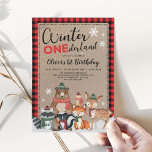 Convites Snowy Winter ONE derland Woodland Forest Aniversár<br><div class="desc">Celebre o seu primeiro aniversario com este adorável convite temático de inverno. O doce design apresenta um grupo de animais da floresta em um caminhão vermelho,  pinheiros e paisagem nevada em um fundo de xadrez vermelho e preto</div>