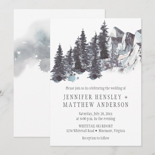 Convites Snowy Winter Trees Mounains Snow Wedes | (Frente/Verso)