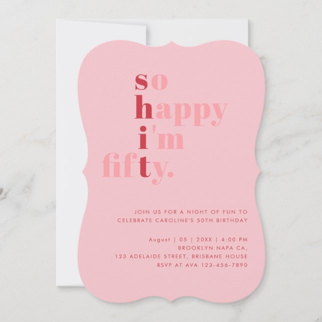 Convites So Happy I'm Fifty | Pink Red Modern Birthday (Frente)