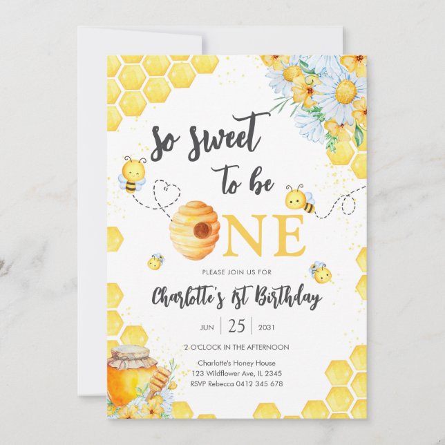 Convites So Sweet To Be One Honey Bee 1st Birthday (Frente)