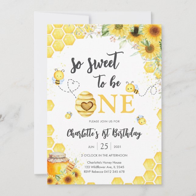 Convites So Sweet To Be One Honey Bee 1st Birthday (Frente)