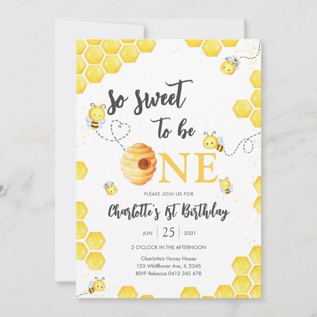 Convites So Sweet To Be One Honey Bee 1st Birthday (Frente)