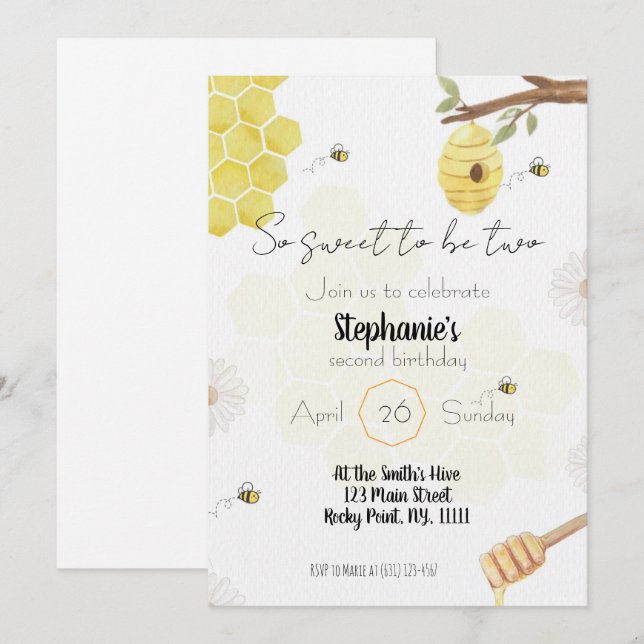 Convites so sweet to be two- bee edit birthday invitation (Frente/Verso)