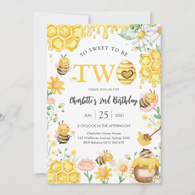 Convites So Sweet To Be Two Honey Bee 2nd Birthday (Frente)