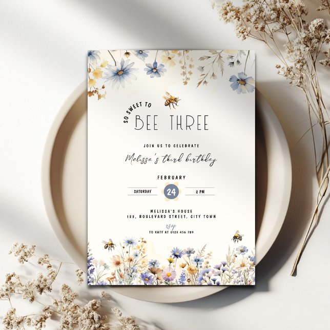 Convites So Sweet To Bee Three - Floral 3rd Birthday (Bee three birthday invitation)