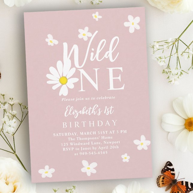 Convites Só Uma Daisy Blush Rosa Floral Menina 1º Aniversár (wild one girl first birthday invitation daisy pink blush wildflower calligraphy modern elegant)