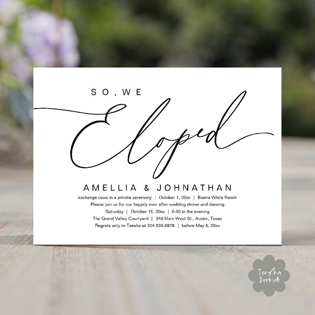Convites So, We Eloped, Romantic Wedding Elopement Party (So, We Eloped, Modern Romantic Wedding Dinner Brunch Lunch Party Invitation Card PDF Black White)