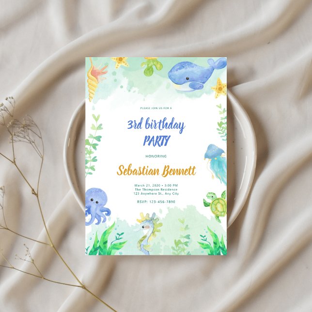 Convites Sob a aquarela do mar Animais aniversário de 3 ano (Criador carregado)