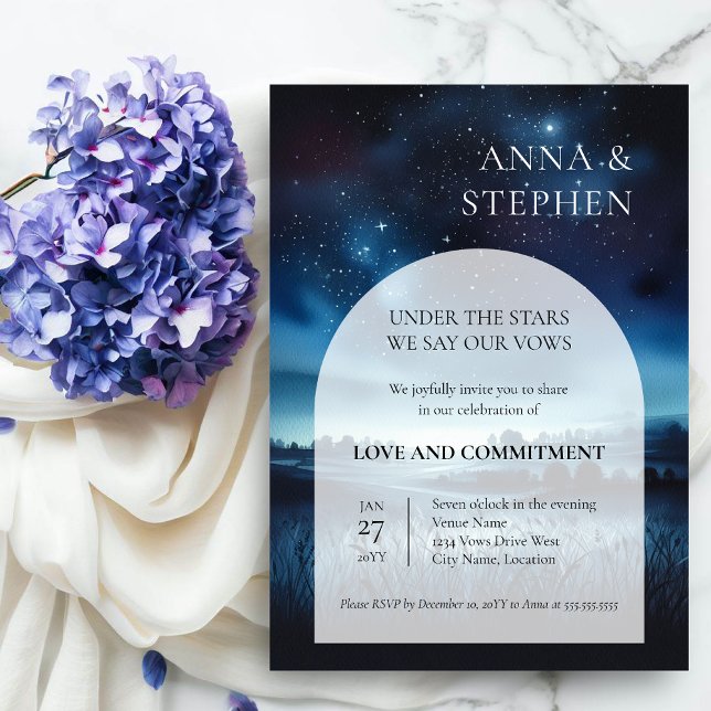 Convites Sob a Cerimônia de Compromisso das Estrelas (Under the stars commitment ceremony / vow exchange invitation front view.)