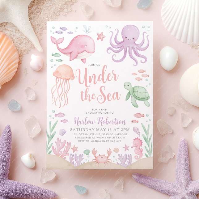 Convites Sob a Chá de fraldas do mar, Garota do Oceano (Under the Sea Girl Baby Shower Invitation | Ocean themed invite in pink purple)