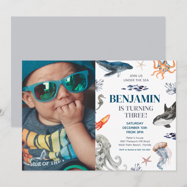 Convites Sob a Festa de aniversário do Mar de Fotos (Frente/Verso)