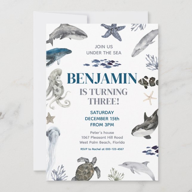 Convites Sob a Festa de aniversário marítima de baleias (Frente)