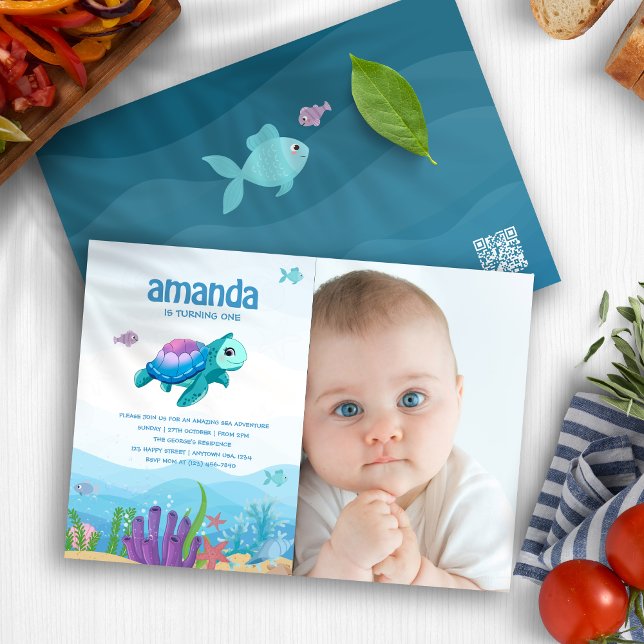 Convites Sob a Festa de primeiro aniversario Sea Baby Girl  (Under the Sea Baby Girl 1st Birthday Party Photo Invitation)