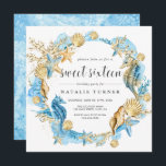 Convites Sob a Praça Azul e Dourado 16<br><div class="desc">Personalize-o Sob o Mar Azul e Dourado Doce Dezesseis Convites de aniversário apresentam cavalos marinhos,  peixes-espinhosos,  conchas e recifes de coral. Para personalização mais avançada deste design,  clique no link "Personalizar mais" acima! Itens correspondentes também estão disponíveis.</div>