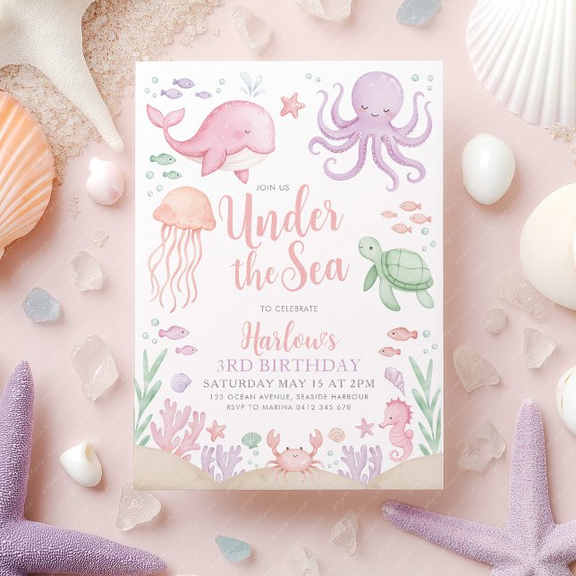 Convites Sob o aniversário da Sea Girl (Under the Sea Birthday Invitation | Girl's ocean animal birthday invite in purple and pink)