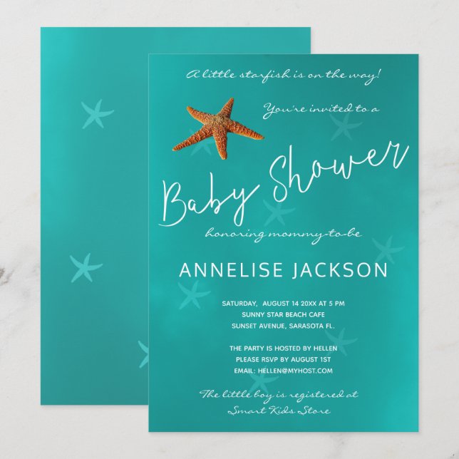 Convites Sob o chá de fraldas azul do oceano de estrelas-do (Frente/Verso)