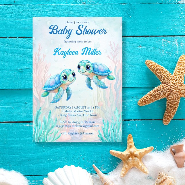 Convites Sob o chá de fraldas da tartaruga-aqua gêmeos azui (Under the sea turtle aqua blue twin boys baby shower invitation template cute sea turtle invites)
