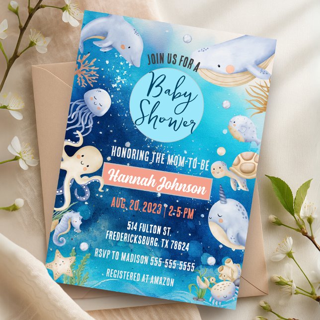 Convites Sob o Chá de fraldas de baleia de animais marinhos (Under the Sea Ocean Animals Baby Boy Girl Baby Shower Invitation)