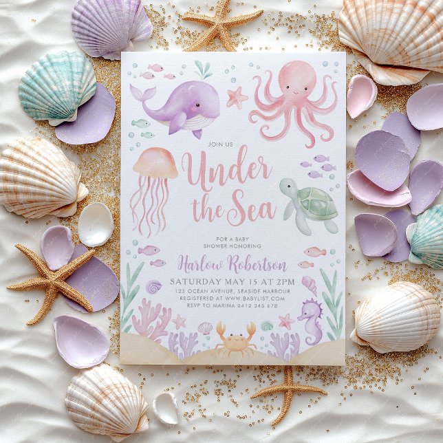 Convites Sob o Chá de fraldas do mar, Garota do Oceano Bril (Under the Sea Baby Shower girl Invitation | Ocean animal pink purple design.)