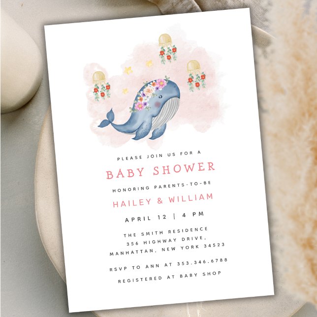 Convites Sob O Chá de fraldas Floral De Baleia Doce (Under The See Sweet Whale Floral Baby Shower Invitation)