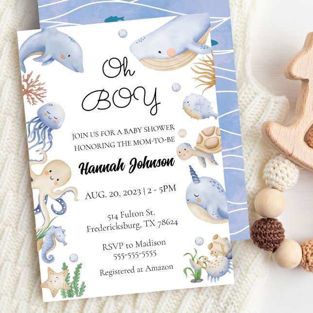 Convites Sob o Chá de fraldas Náutico Oh Boy dos Animais do (Under the Sea Animals Nautical Oh Boy Baby Shower Invitation)