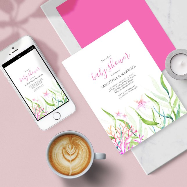 Convites Sob o Chá de fraldas Rosa e Verde do Mar (Baby Shower Invitation Under The Sea Pink and Green )