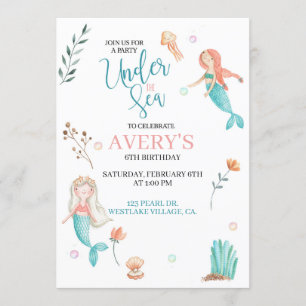 CONVITES SOB O MAR, ANIVERSÁRIO DE MERMAID, WATERCOLOR MER