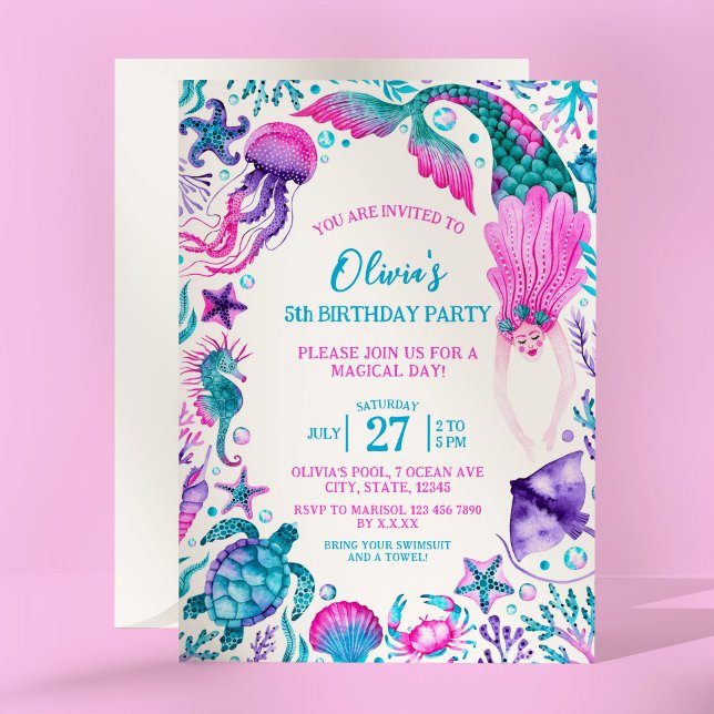 Convites Sob o Mar Aquarela Festa de aniversário de Sereia (Under the Sea Watercolor Mermaid Birthday Party Invitation)